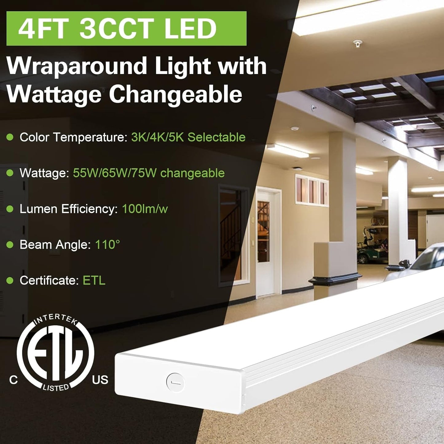 4 Pack 4FT LED Wraparound Light with 3 Wattages/3 Lumens/3 CCT