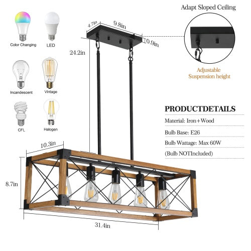 5 Lights Vintage Farmhouse Chandelier For Kitchen, Living Room, Dining Room Walnut - No Bulbs