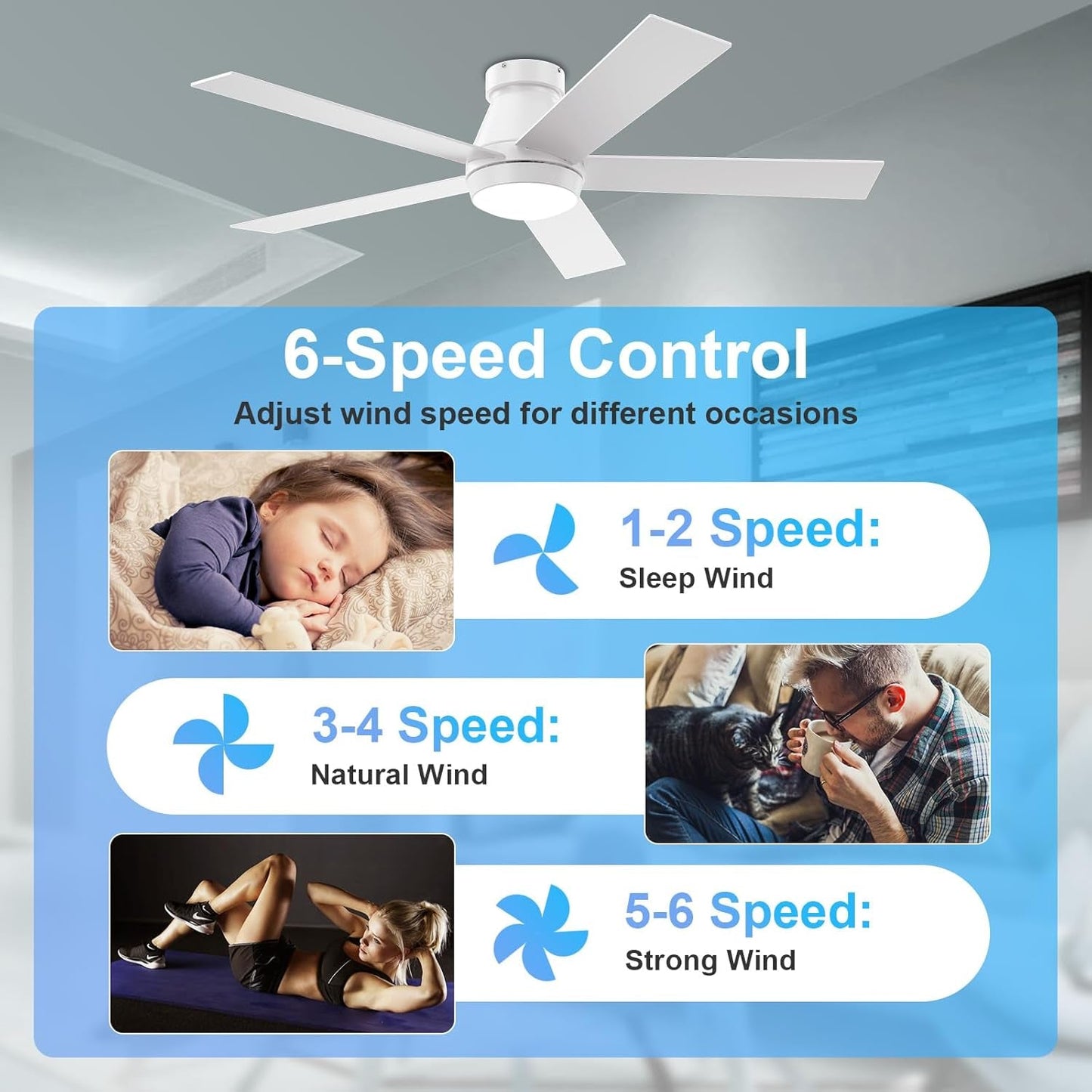 52" Ceiling Fan with Lights, White Flush Mount Ceiling Fans, 5 Blades
