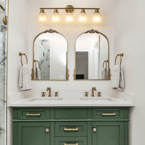 5 Lamps Gold Bathroom Vanity Lamp, Frosted Glass Shade, Modern Wall Mounted Lighting - No Bulbs