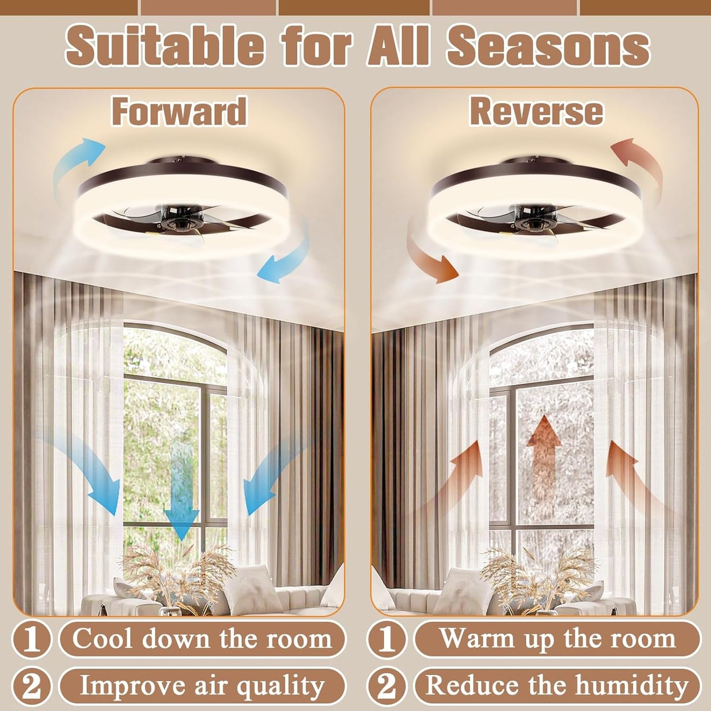 Brown Flush Mount Bladeless Fan Light With Dimmable LED-4