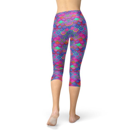 Women Purple Pink Mermaid Capri Leggings