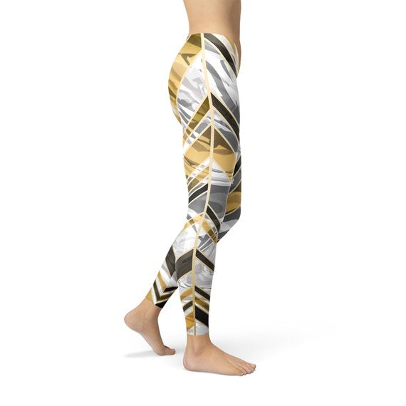 Women White Marble w/ Black Gold Lines Leggings