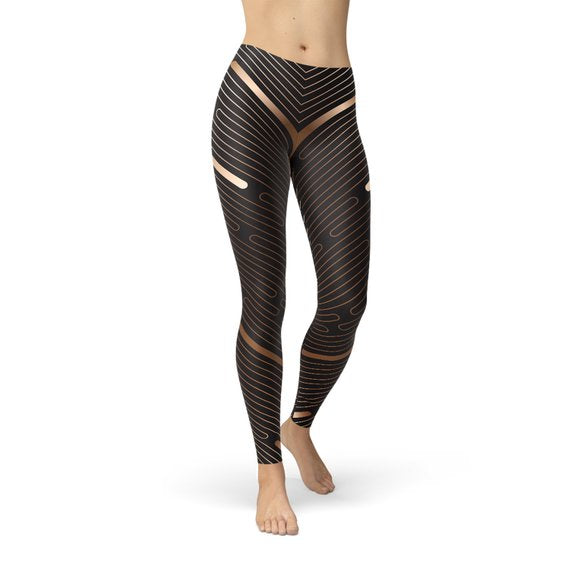 Women Striped Lines Sports Brown Leggings