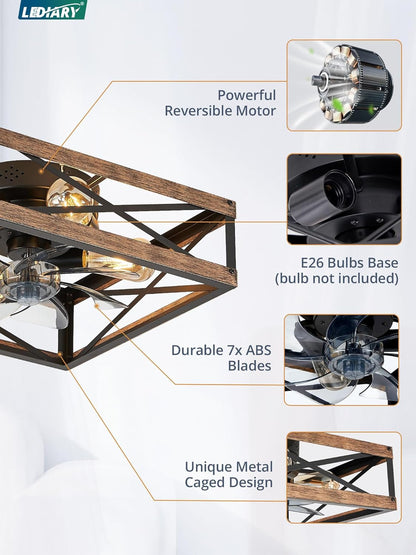 Caged Low Profile Ceiling Fans with Lights and Remote, Rustic Square