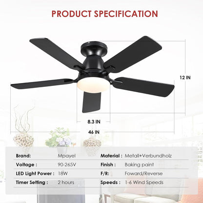 Ceiling Fans with Lights- 46" Low Profile Indoor Ceiling Fan with