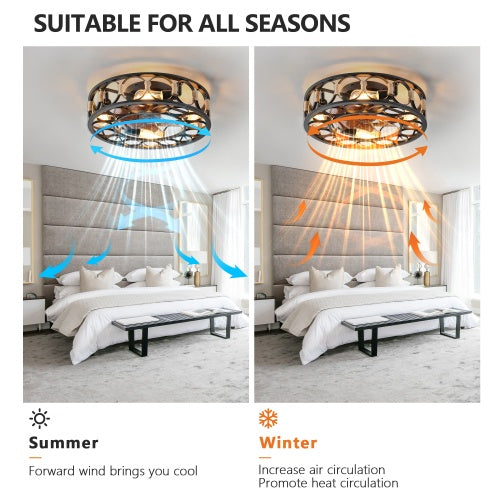 Cage Ceiling Fan With Light Remote Control, Low-profile Built-in Farmhouse Modern Ceiling Fan, 6 Speed Reversible Blades, Including 5 LED Bulbs