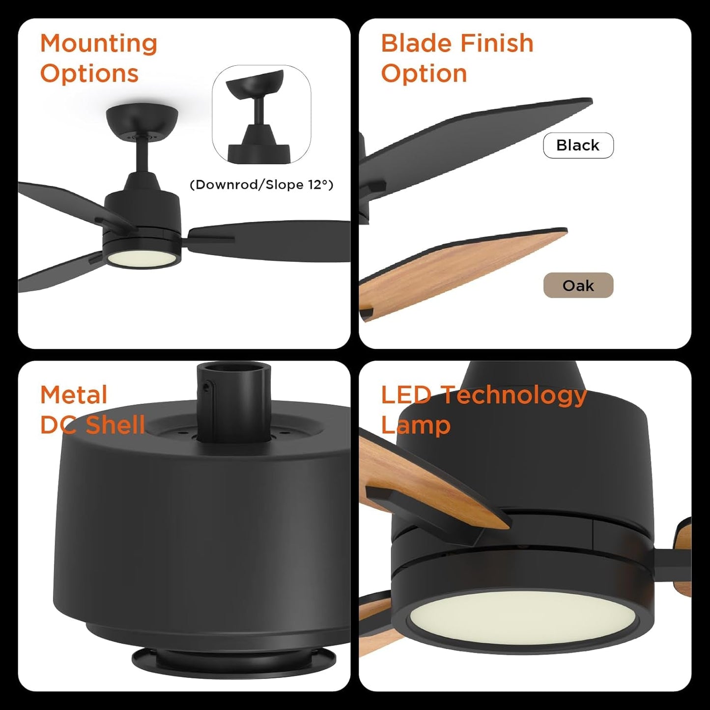 42 Inch Black Ceiling Fans with Lights Led Remote Control Flush Mount