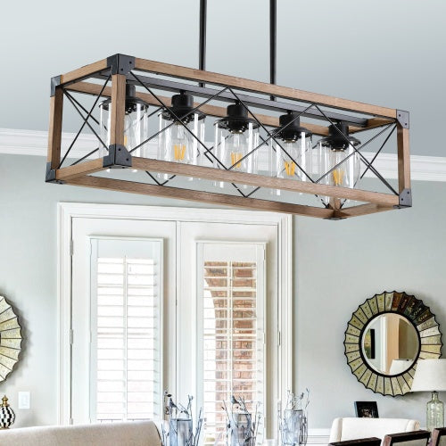5 Lights Vintage Farmhouse Chandelier For Kitchen, Living Room, Dining Room Walnut - No Bulbs