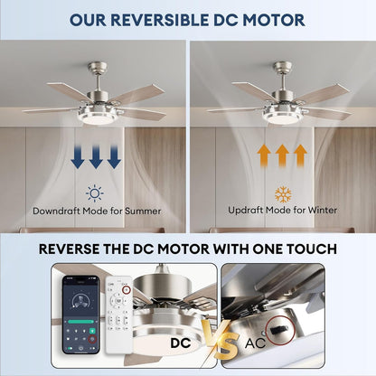 42 Inch Ceiling Fans with Lights and Remote/App Control, Modern Nickel