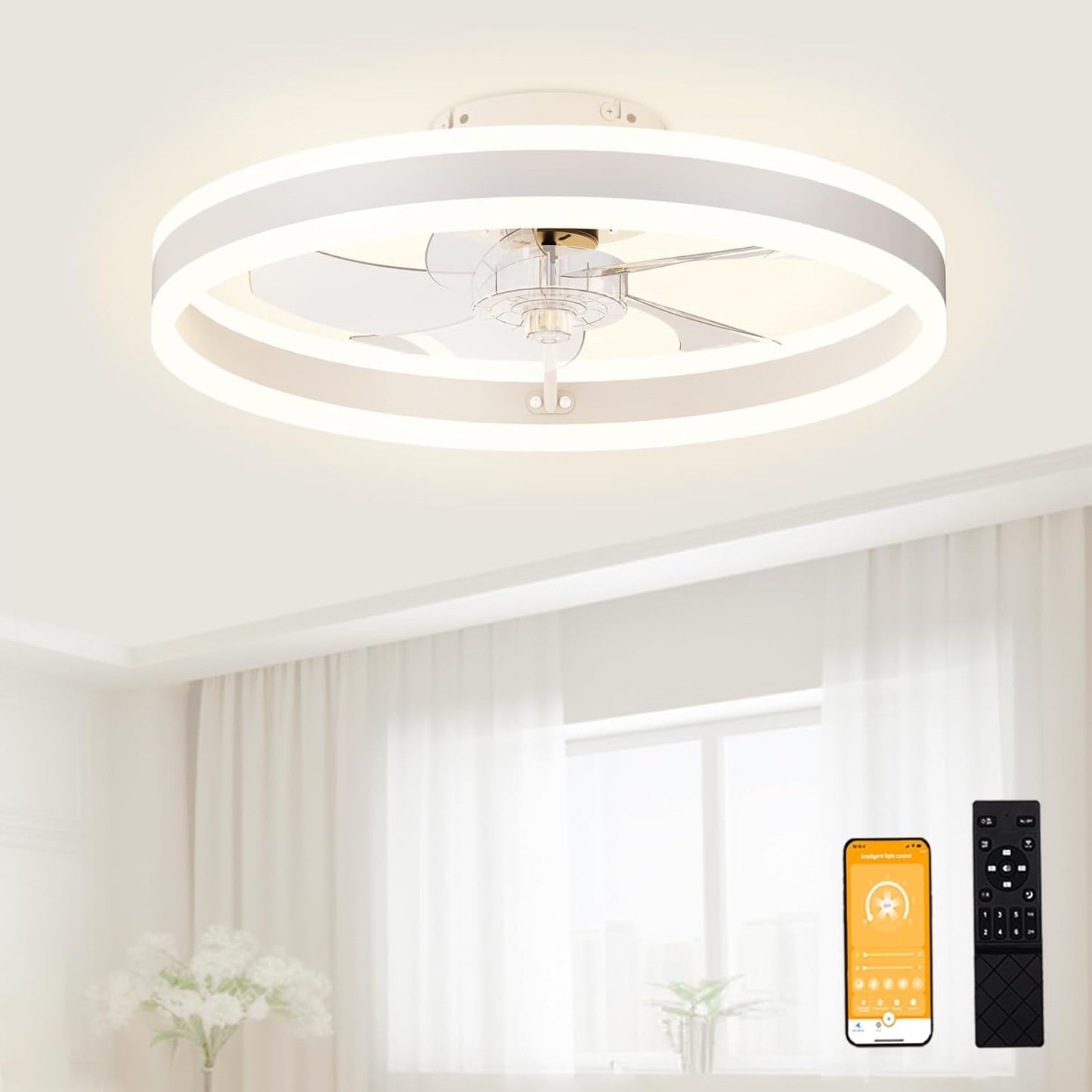 Low Profile Ceiling Fans with Lights and Remote, 19.7In Flush Mount