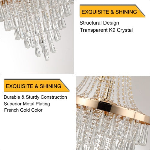 Golden Crystal Chandelier, Large Modern Luxury Chandelier For Living Room, Dining Room, Bedroom, Hallway - Bulb Not Included