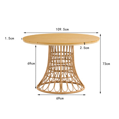 Outdoor dining set of 5 simple bamboo dinning table  PE ratten round table 110CM plastic wood top