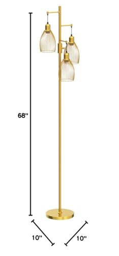 Dimmable Industrial Floor Lamps for Living Room, Gold Tree Standing Tall Lamps with 3 Elegant Teardrop Cage Head & 800 Lumens LED Bulbs for Bedroom Office