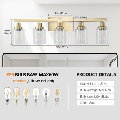Gold 5 Light Vanity Light With Clear Glass Shade, Modern Iron Bathroom Wall Fixture For Bathroom & Dresser - No Bulbs