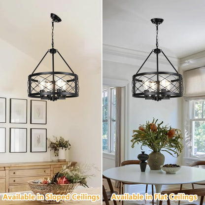 Black Industrial Chandelier Four Light Drum Fixture-3