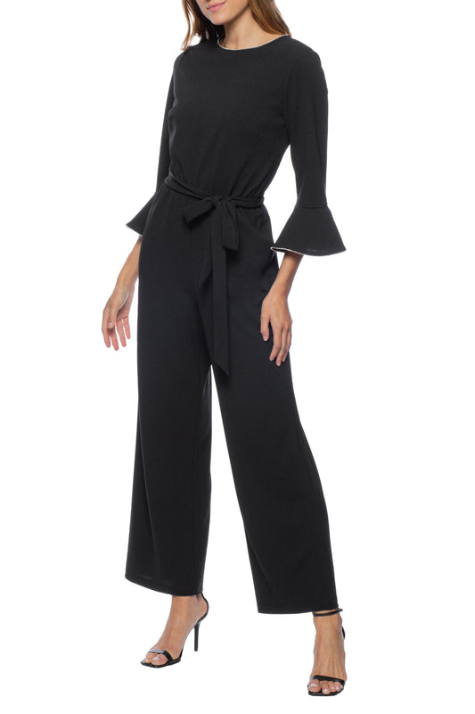 Marina Embellished Boat Neck Circular Sleeve Tie Waist Zipper Back Stretch Crepe Jumpsuit-0
