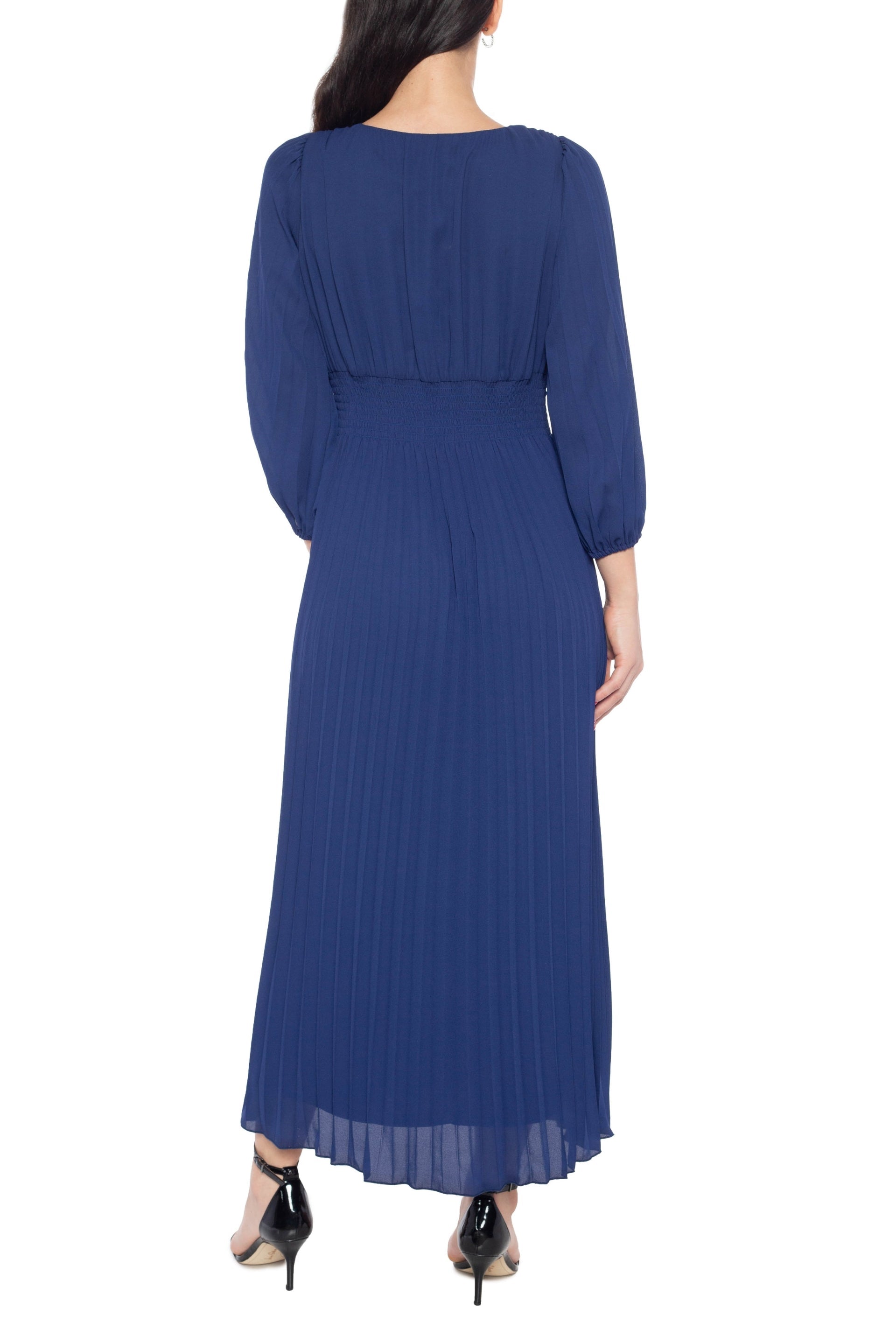 Marina V-Neckline Quarter Sleeves Smocked Waist Pullover Pleated A-Line Sheath Midi Dress-1