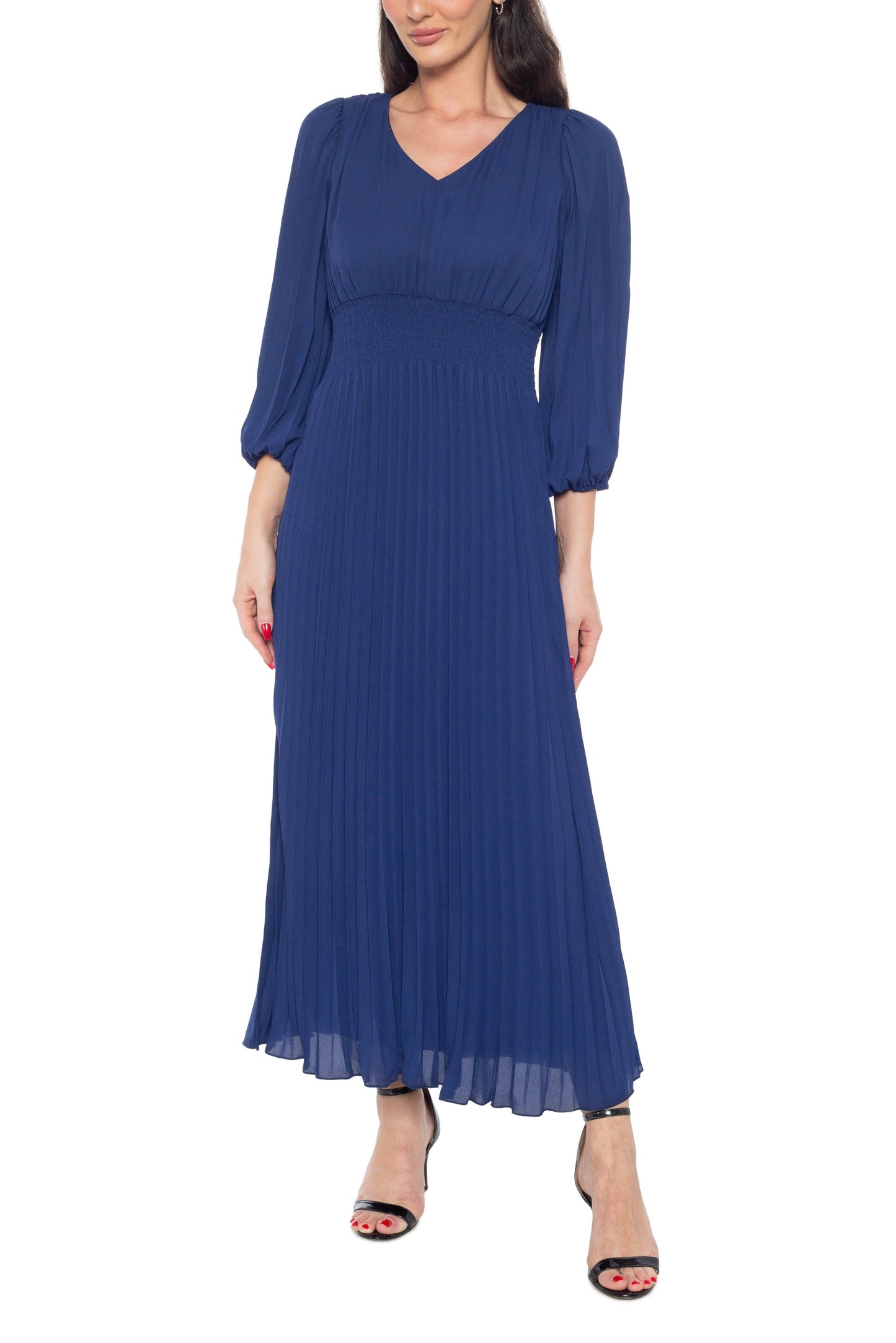 Marina V-Neckline Quarter Sleeves Smocked Waist Pullover Pleated A-Line Sheath Midi Dress-0
