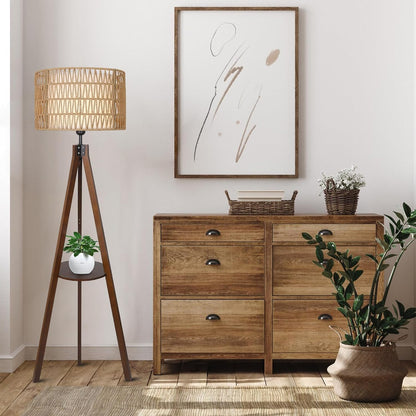 Boho Tripod Floor Lamp with Shelves, Mid Century Wood Standing Lamp with Rattan & Fabric Shades, ON/Off Foot Switch Office