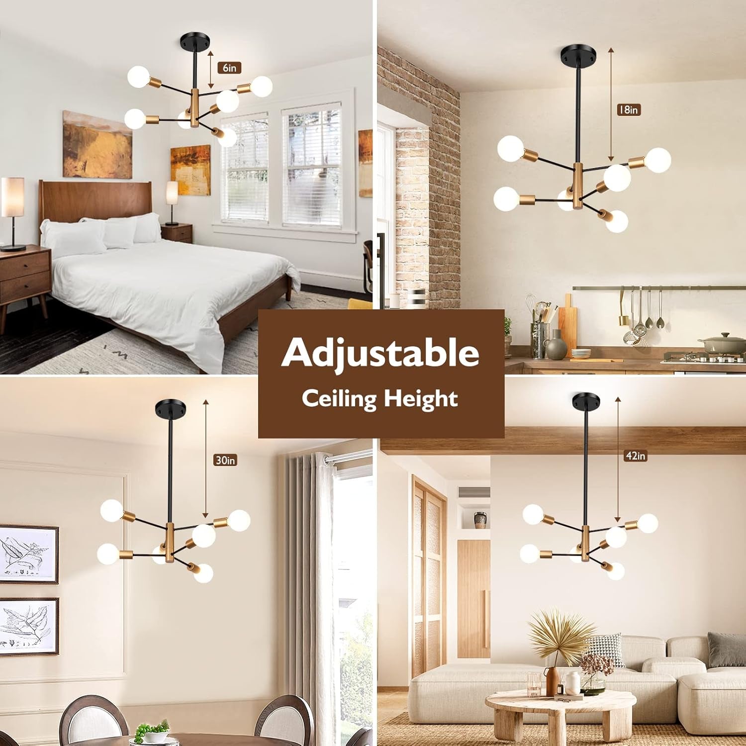 Sputnik Chandelier Black Gold Height Adjustable Pendant-3