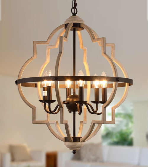 Rustic Antique Orb Chandelier Farmhouse Vintage 6-Lights Oak White