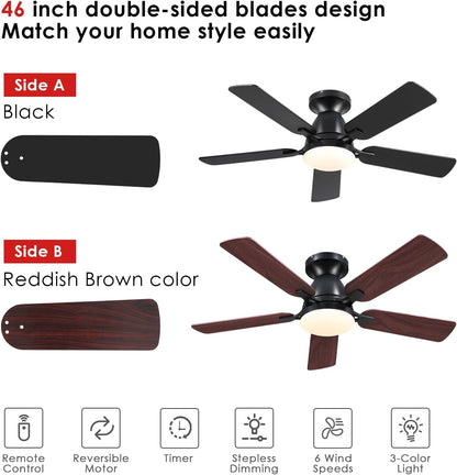 Ceiling Fans with Lights- 46" Low Profile Indoor Ceiling Fan with