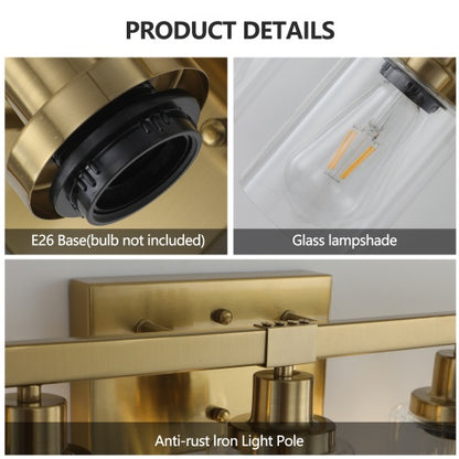Gold 5 Light Vanity Light With Clear Glass Shade, Modern Iron Bathroom Wall Fixture For Bathroom & Dresser - No Bulbs