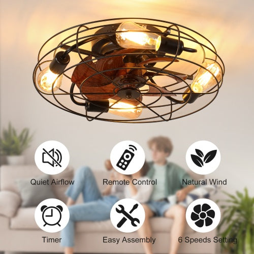 Cage Ceiling Fan With Light, 20 Inch Farmhouse Low Profile Ceiling Fan Light With Remote Control