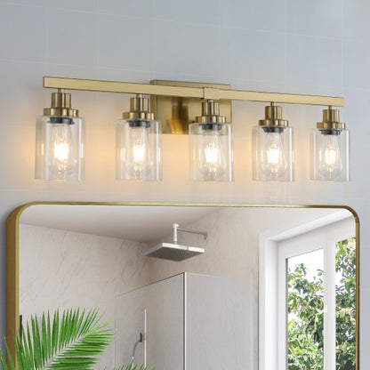 Gold 5 Light Vanity Light With Clear Glass Shade, Modern Iron Bathroom Wall Fixture For Bathroom & Dresser - No Bulbs