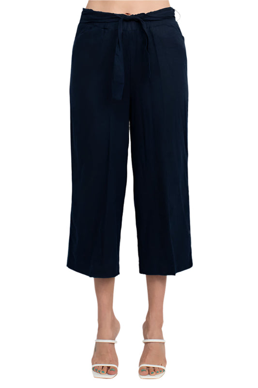 Land N Sea Elastic Mid Waist Tie Waist Wide Leg Linen Pant with Pockets-0