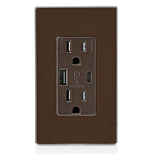 Leviton T5633-W Type A & Type-C USB In-Wall Charger with 15A Tamper-Resistant Outlet, USB Charger for Smartphones and Tablets, Not for Laptops, White