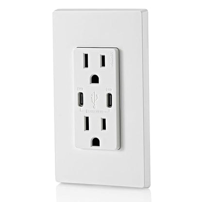 Leviton T5633-W Type A & Type-C USB In-Wall Charger with 15A Tamper-Resistant Outlet, USB Charger for Smartphones and Tablets, Not for Laptops, White