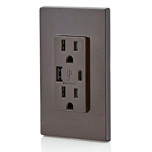 Leviton T5633-W Type A & Type-C USB In-Wall Charger with 15A Tamper-Resistant Outlet, USB Charger for Smartphones and Tablets, Not for Laptops, White