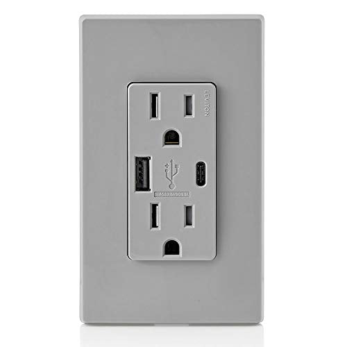 Leviton T5633-W Type A & Type-C USB In-Wall Charger with 15A Tamper-Resistant Outlet, USB Charger for Smartphones and Tablets, Not for Laptops, White