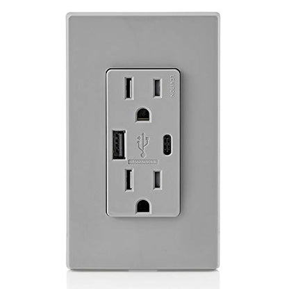 Leviton T5633-W Type A & Type-C USB In-Wall Charger with 15A Tamper-Resistant Outlet, USB Charger for Smartphones and Tablets, Not for Laptops, White