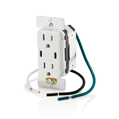 Leviton T5633-W Type A & Type-C USB In-Wall Charger with 15A Tamper-Resistant Outlet, USB Charger for Smartphones and Tablets, Not for Laptops, White