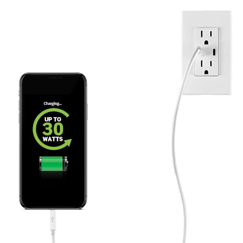 Leviton T5633-W Type A & Type-C USB In-Wall Charger with 15A Tamper-Resistant Outlet, USB Charger for Smartphones and Tablets, Not for Laptops, White