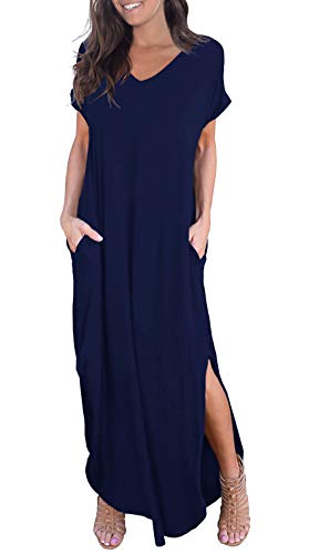 GRECERELLE Women's Casual Loose Pocket Long Dress Short Sleeve Split Maxi Dresses