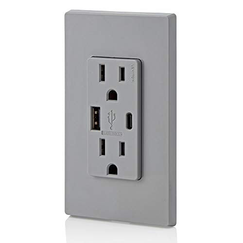 Leviton T5633-W Type A & Type-C USB In-Wall Charger with 15A Tamper-Resistant Outlet, USB Charger for Smartphones and Tablets, Not for Laptops, White