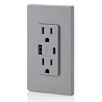 Leviton T5633-W Type A & Type-C USB In-Wall Charger with 15A Tamper-Resistant Outlet, USB Charger for Smartphones and Tablets, Not for Laptops, White