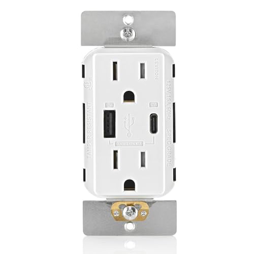 Leviton T5633-W Type A & Type-C USB In-Wall Charger with 15A Tamper-Resistant Outlet, USB Charger for Smartphones and Tablets, Not for Laptops, White