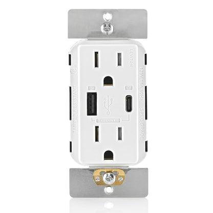 Leviton T5633-W Type A & Type-C USB In-Wall Charger with 15A Tamper-Resistant Outlet, USB Charger for Smartphones and Tablets, Not for Laptops, White