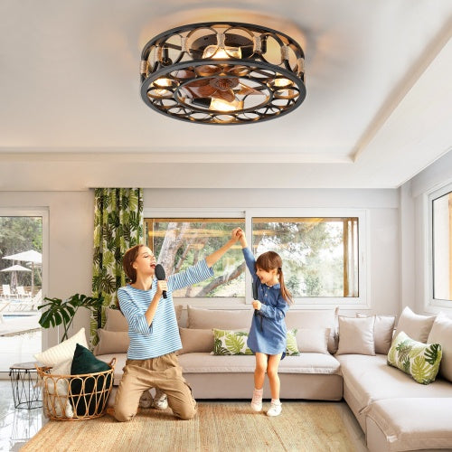 Cage Ceiling Fan With Light Remote Control, Low-profile Built-in Farmhouse Modern Ceiling Fan, 6 Speed Reversible Blades, Including 5 LED Bulbs