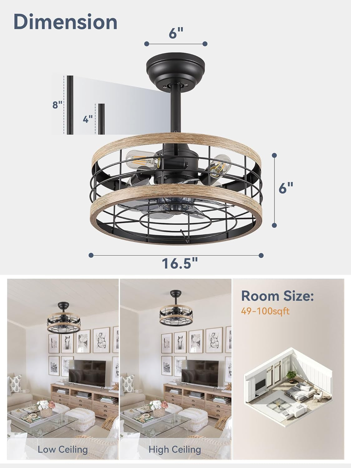 16.5In Caged Ceiling Fan with Light, Fandelier Industrial Ceiling Fan