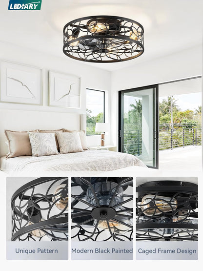 Caged Ceiling Fans with Lights, Black Flush Mount Ceiling Fan with