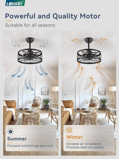 16.5 Inch Black Caged Ceiling Fan with Light, Fandelier Industrial