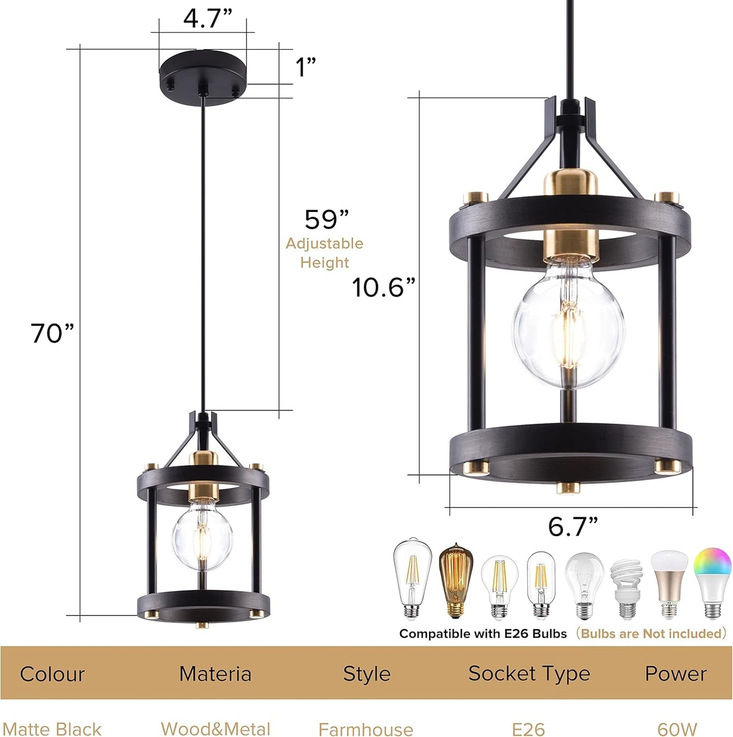 Black Farmhouse Pendant Lights With Adjustable Cords-1