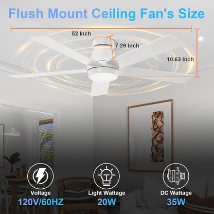 52" Ceiling Fan with Lights, White Flush Mount Ceiling Fans, 5 Blades