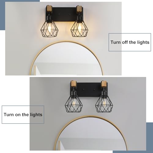 Farmhouse Vanity Light for Bathroom, 3-Light Wood Bathroom Vanity Light Fixtures Over Mirror, Rustic Sconces Wall Lighting with Metal Lampshade for Living Room, Bedroom, Hallway